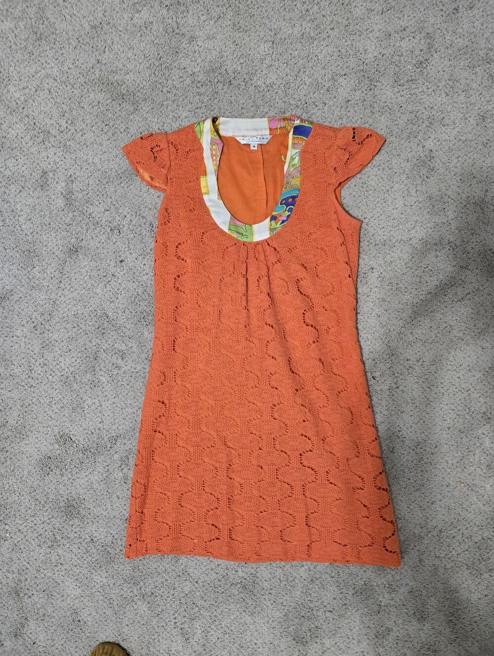 Trina Turk Bright Orange Crochet Cap-Sleeve Dress with Patterned Neckline Size 4